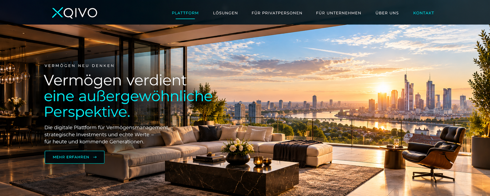 XQIVO Markenmotiv: luxuriöses Penthouse mit Blick auf die Skyline bei Sonnenaufgang
